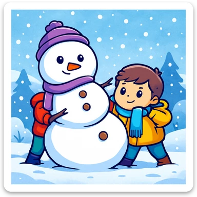 Add a snowy background behind the kids building a snowman, keep the original sticker style sticker