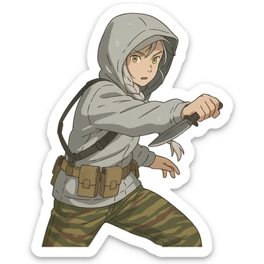 1 female, mid-20's  white hair long braid, gold yellow eyes, light gray rainproof waterproof tactical jacket, hood up, tight-fitting single point sling, tan mag pouches on belt rig, tiger stripe camo pants, holding a combat blade, striking, swinging sticker