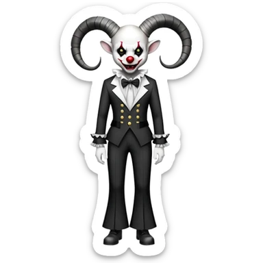 full-body demonic clown in black and white leisure suit with bellbottom pants, bald, black ram horns, flashy black and white belt, ruffled white shirt, no neck tie, large fangs sticker