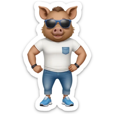friendly anthropomorphised boar in jeans and a t-shirt, wearing dark sunglasses, jogging upright, standard pose sticker
