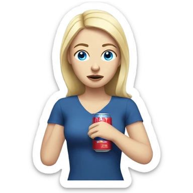 Upset blonde white girl with blue eyes holding a redbull sticker