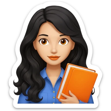 Long Hair Women with orrange Book, Black wavy hair sticker