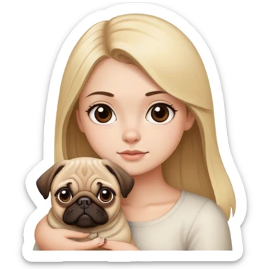 veterinarian,blonde hair girl with brown eyes and white skin, straight hair and brown eyes, holding a pug sticker