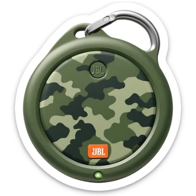 Highly simplified JBL Clip 4 speaker with proper circular form and carabiner clip, subtle green camouflage pattern, iOS emoji style sticker