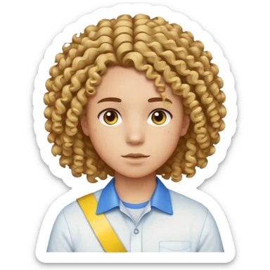 Make me an emoji that has a guy with a white shirt and yellow tape around the shirt with brown and blue spots hair make the hair curly make the yellow tape go around it sticker