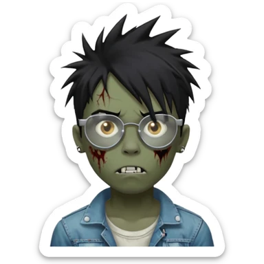 Boy, zombie, black hair, medium long, spiky hair, emo, shaggy, dark, spooky, creepy expression emoji, add transparent glasses, a risk on the eyebrow, some tattos sticker