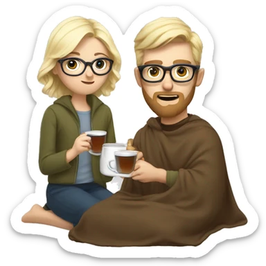 Pale blonde girl wearing glasses and short brown haired bearded man drinking tea under blanket sticker