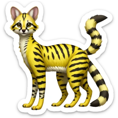 Lanky slender beautiful elegant spotted hype-realistic, black-maned, vibrant yellow Genet-Serval-Sergal-Civet-fusion-hybrid-furry-fursona, full body, with a long puffy fluffy black-and-white-striped tail sticker