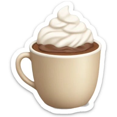 Hot cocoa in a beige cup with whipped cream sticker