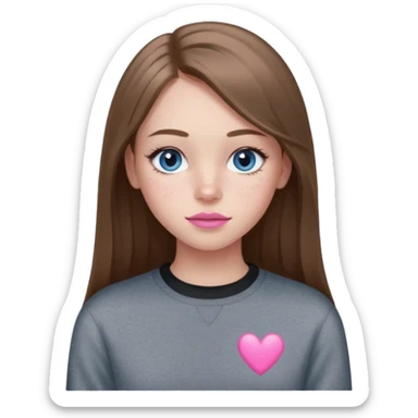 Create a teenage girl with LONG and straight light brunette hair, light skin, light freckles, and blue-grey eyes. She will have pink lips and long eyelashes. She will be wearing a black crewneck.  sticker