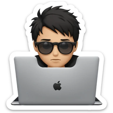 a PRETTY BRATZ boy with black messy hair, black sunglasses, on laptop sticker
