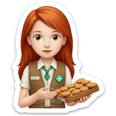 white girl scout with red long hair selling cookies with a brown Girl Scout vest and white shirt under vest. She should be around 10 years old sticker