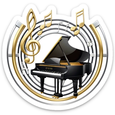 Create an elegant and festive emoji collage representing keyboard instruments, styled like a heraldic emblem. The design should feature a central focal point of black and white piano keys, arranged in a semi-circular or shield-like shape. Around the piano keys, add intertwining musical notes that form flowing ribbons, creating a dynamic and celebratory atmosphere. The design should be professional, with polished silver and gold accents on the keys and notes, highlighting the luxury and sophistication of the instruments. Add subtle shading and lighting effects to give the design a refined, 3D appearance. The background should remain transparent, and the overall feel should evoke grandeur, artistry, and a sense of celebration. sticker