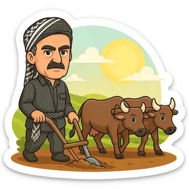 Edit the cartoon sticker so that the plow (گاواهن) is clearly attached to the cows. Move the man about half a meter further back, standing behind the cows as he holds the plow handles. Keep the Kurdish clothing and the rest of the sticker vibrant and cheerful. sticker