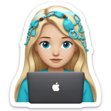 blonde long hair girl using macbook emoji. she has blue eyes and dark coffee shirt with Teal coloured accesory sticker