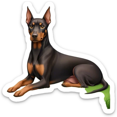 Close-up of a Doberman Pinscher sitting on lush green grass, looking alert and majestic. The background features a beautiful, serene nature view with rolling hills and bright blue skies. The dog’s sleek black and tan coat shines under the sun. Transparent background. sticker