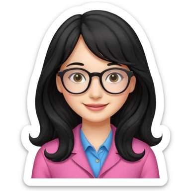 Please generate a portrait of a pretty girl with long, wavy, black hair. She's smiling. She also wears a middle parting and bangs. with glasses pink clothing sticker