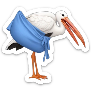 White stork carrying a blue bundle of cloth in its beak that has a human baby with dark hair and the baby face and head is peeking from the cloths bundle the strok is carrying with its beak sticker