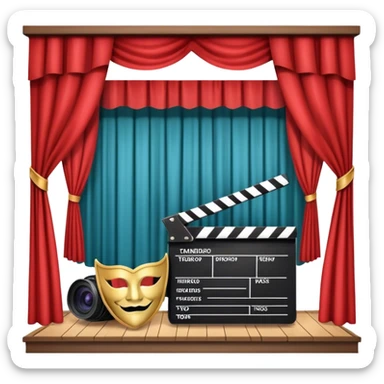 Icon for Acting in Theatre: a stage with curtains, a theater mask, a film camera, and a clapperboard. The design should represent theatrical performance and acting techniques. Transparent background. sticker