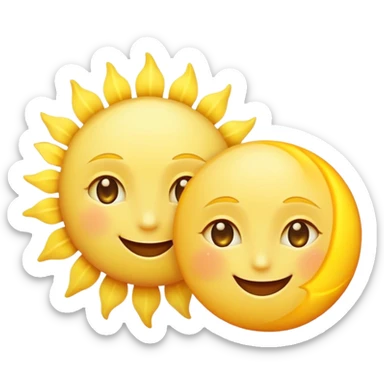 a really bright  big sun and a small moon who shines because of it. the sun is bigger and the tiny \moon bright too beside it smiling looking at each other sticker