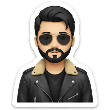 generate an ios genmoji of a 20 year old tan boy with black sunglasses, long black hair till his shoulders. Wearing a leather jacket. Has a dyed blonde beard sticker