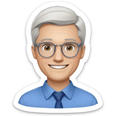 30 yr old pale white man, white/grey side swept stylish hair, round glasses, big smile, white teeth, handsome, longer hair, thin glasses, blue dress shirt sticker