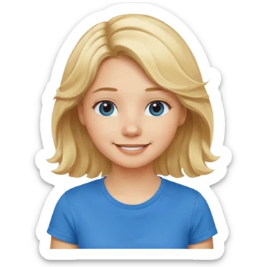 Happy blond girl with light weavy hair with a blue shirt but we can see only her face and neck and the top of the t shirt, no whole body sticker