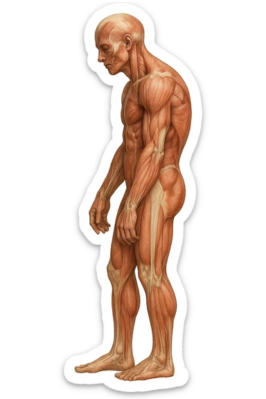 corpo umano anatomico realistico leggermente curvo con la schiena e le spalle che puntano leggermente in avanti, postura delle spalle chiuse, isolato su sfondo bianco sticker