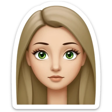 Adult woman avatar, light skin tone, oval face, long straight ashy brown hair, green almond-shaped eyes with dramatic eyelashes and minimal eyeliner, neutral mouth, medium straight eyebrows, small nose, smooth skin sticker