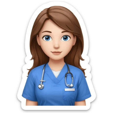 university classroom that says nursing school on the board with a pretty female nursing student with long brown hair, blue eyes sticker