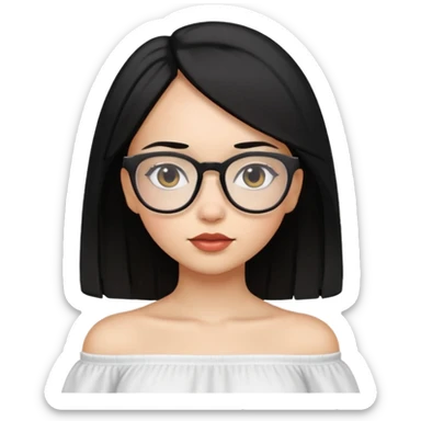 A light skinned girl with straight black hair on shoulder length wearing a white off shoulder and glasses sticker