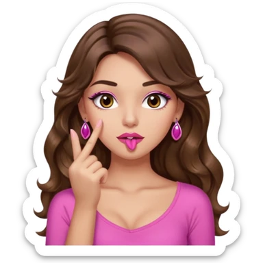 girl with long wavy brown hair, brown eyes, light to medium complexion, in a pink sexy top, pink lips, long lashes, shushing with one finger on the lips sticker