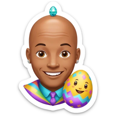 smiling bald African American man with diamond stud earrings popping out of an Easter egg sticker