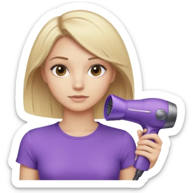 blonde girl in beige top using a purple Dyson hair dryer, iOS emoji style sticker