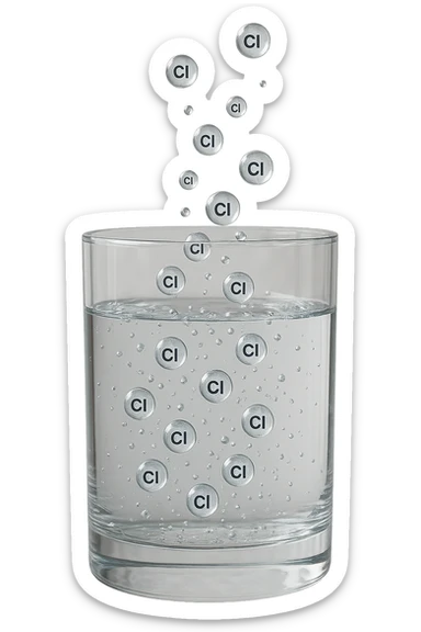 un bicchiere di acqua fluttua in aria realistico e dettagliato, dentro l'acqua del bicchiere ci sono particelle di cloro ben visibili con la scritta "Cl" sopra, ci sono particelle anche che escono dal bicchiere e fluttuano in aria verticalmente, mentre alcune sono all'interno dell'acqua nel bicchiere, iperrealistico 4k sticker