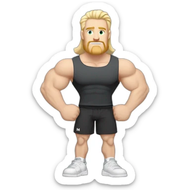 Full height Pale skinned fit man With Wide jaw, biceps and blonde hair In dark gray sleeveless mike, black oversize sports shorts, watch and white sneakers. his arms crossed over his chest sticker