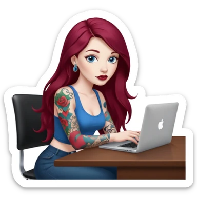 Realistic Macbook pro, side view of female, long burgundy hair, pale skin, big lips, blue eyes with tattoos, graphic designer, sitting at work desk with MacBook open, still view sticker