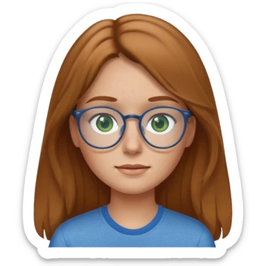 Create an emoji of a girl with light brown hair long length hair, green eyes, freckles, glasses and wearing a blue shirt sticker