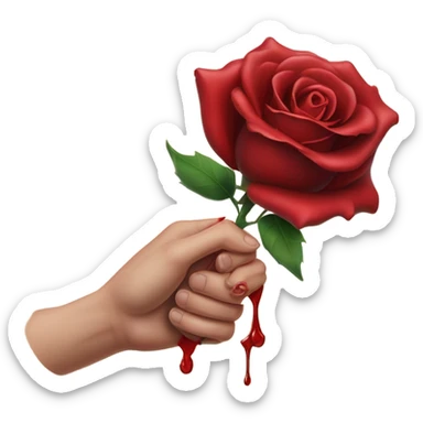 An image of a hand holding a rose, with a thorn piercing the skin, showing a small drop of blood, symbolizing the pain of beauty or love sticker