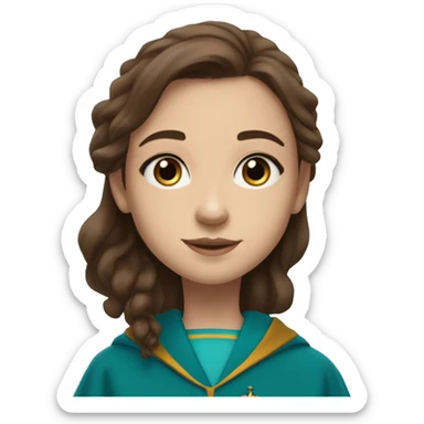 12 year old girl with brown hair past her shoulders and aqua blue at the tips with blueish grayish eyes wearing a gryffindor robe sticker