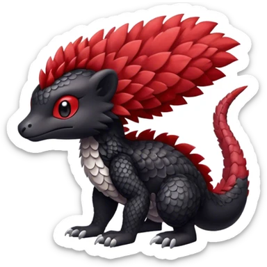 Cute cool black red animal hybrid Fakemon full body, detailed, fluffy, scaly, edgy sticker