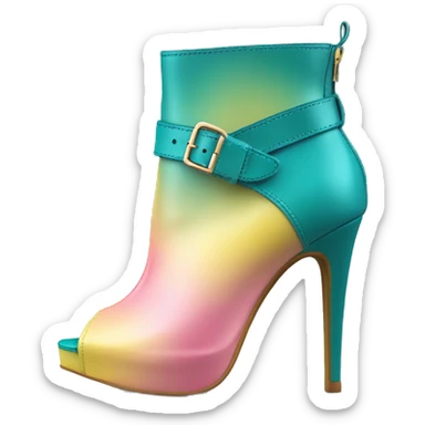Realistic isolated top view of a pair of dark turquoise paste yellow and light pink ombre peep toe high heel ankle bootie boots.  sticker