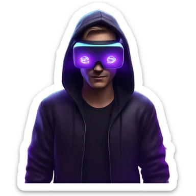 Russian man wearing a black hoodie with "OMG" letters on it and VR headset in a cyberpunk VR environment with violet neon lighting. sticker
