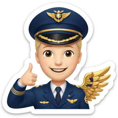 Slack-style emoji of a pilot wearing a slightly tilted navy captain hat with gold wings, giving a thumbs-up, big cheerful smile, eyes closed or happy squint sticker