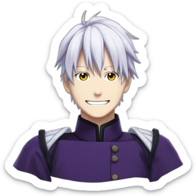 Satoru Gojo with his blue eyes,long medium white hair, a big friendly smile, dark violet uniform from jujutsu kaisen sticker