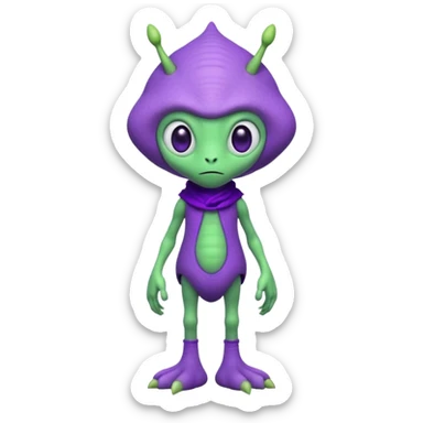 full body cute roughly humanoid peacefull alien furry with 2 legs and eye stalks stands upright and looks intelligent ...wears clothing. not green..looks happy and cudly... has 3 eyes...the alien has 3 eyes....it has an extra eye on single stalk on top of head sticker