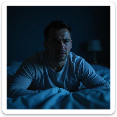 realistic hyperrealistic 4K image of a man waking up in the middle of the night, sitting on the bed with anxious and worried expression, dark room illuminated only by soft blue light, showing signs of tiredness and agitation on the face sticker