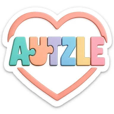 Logo spelling 'AUTZLE' with each letter shaped like a puzzle piece, using bright pastel colors mint, peach, lavender, light blue, soft yellow, pink. The entire word is encapsulated inside a smooth, modern heart shape with soft curves, symbolizing love and support for the autism community. The heart acts as a subtle frame around the puzzle-piece letters, not overpowering them. Style is clean, modern, and playful, with soft, even lighting, gentle shadows for a polished 3D effect, and a transparent or white background. sticker