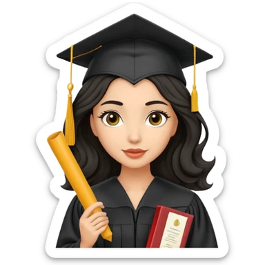 beautiful olive-skinned woman with wavy black hair wearing graduation cap and gown, holding diploma sticker