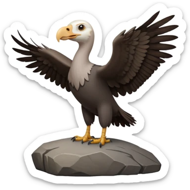 a vulture — large bird with dark brown feathers, bald WHİTE head, curved beak and sharp eyes — standing proudly on a rock — wings slightly open — realistic yet cute cartoon emoji look, clean lighting, soft shadows. sticker